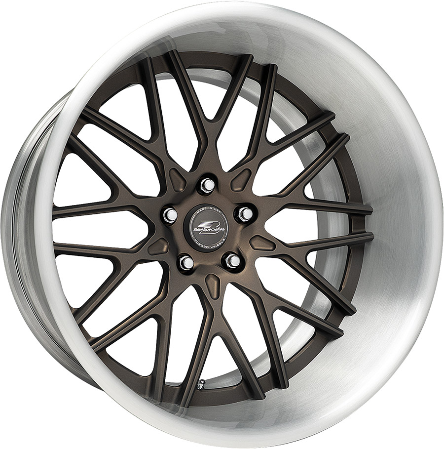 A Billet Specialties custom forged wheel with a multi-spoke bronze center and brushed aluminum rim.
