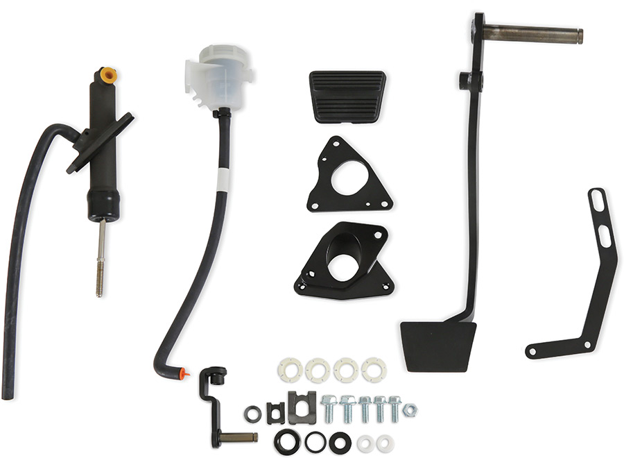 A Holley hydraulic clutch conversion kit including a pedal, cylinders, brackets, and mounting hardware.