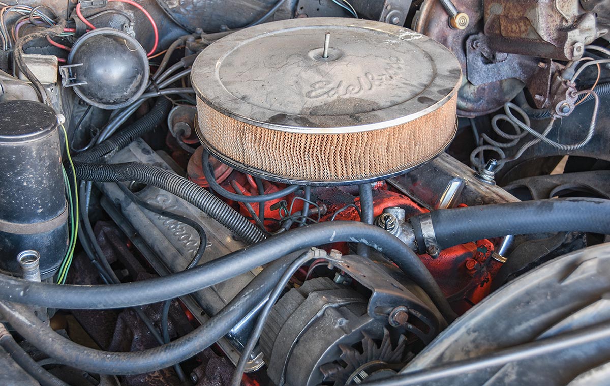 1977 Nova engine with Rochester two-barrel carburetor.