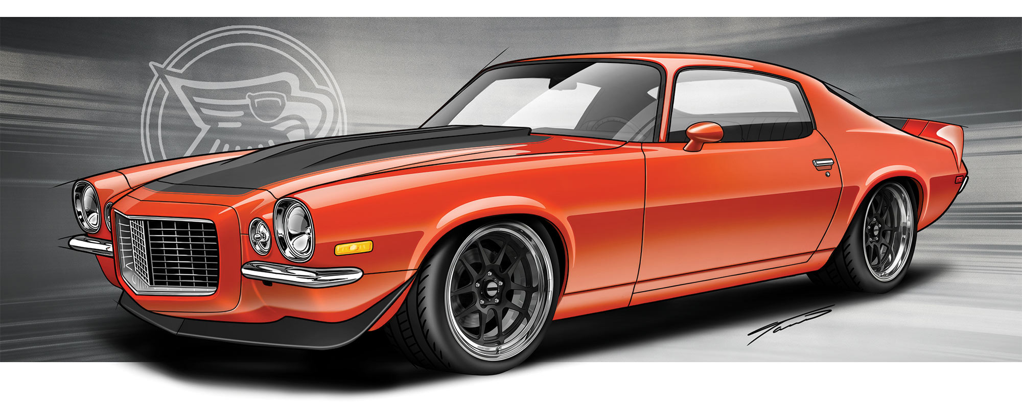 Illustration of an orange vintage Chevrolet Camaro with a black hood stripe and custom wheels.