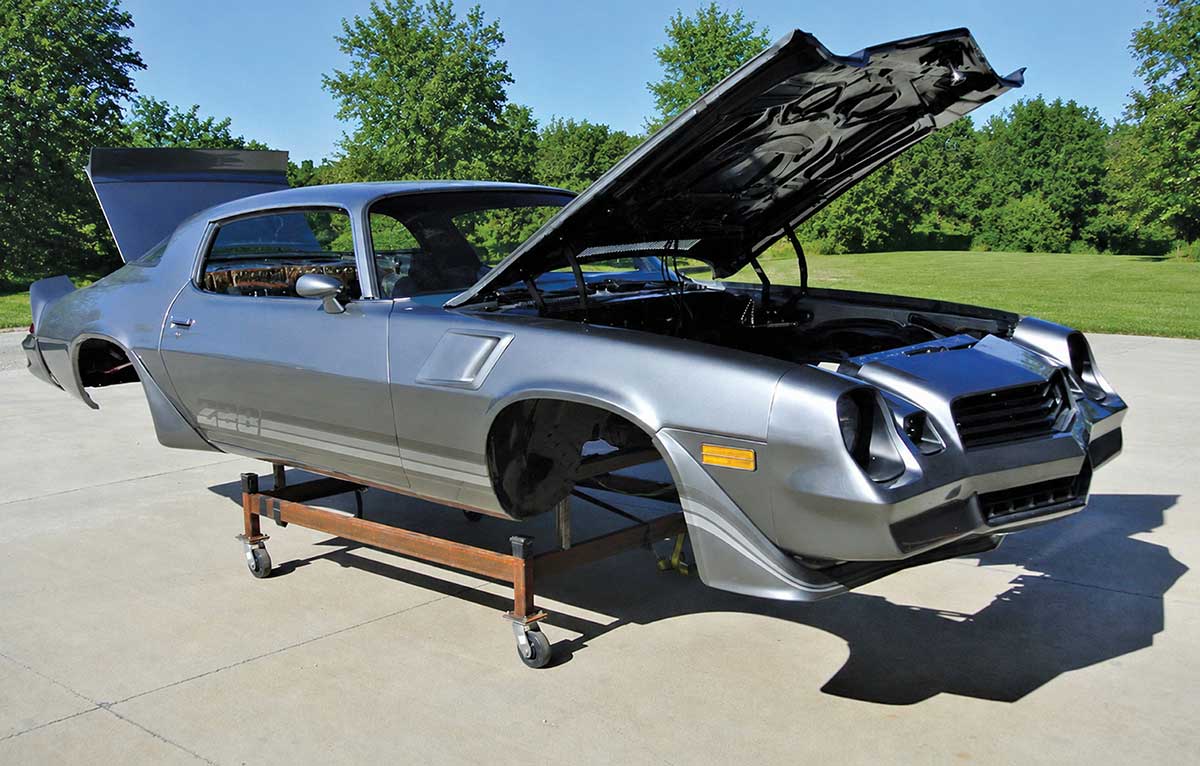 1981 Z28 Camaro body on a wheeled shop cart.