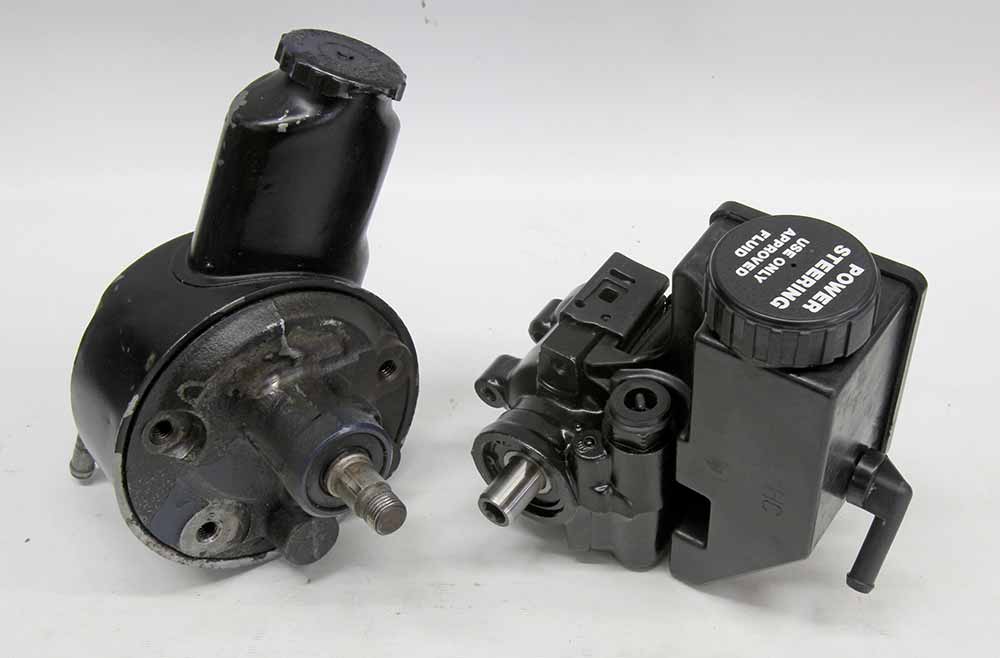 Comparison of Saginaw P-style (left) and modern Type II (right) steering pumps.