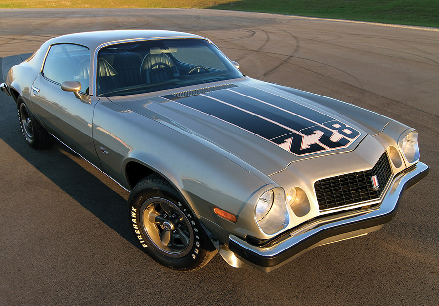 Silver 1977 Camaro Z28 parked on a track.
