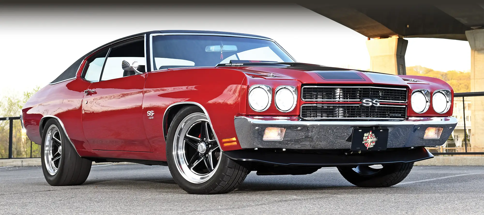 Front three-quarter view of a red 1970 Chevelle SS.