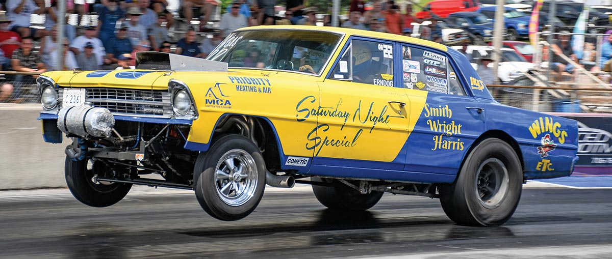 Yellow and blue "Saturday Night Special" Chevy gasser.