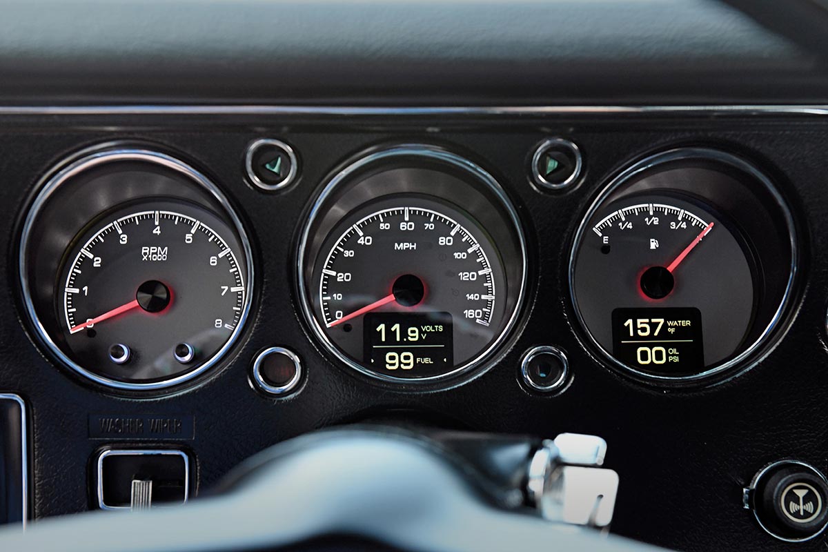 Dashboard gauges for a 1970 Chevelle SS featuring Dakota Digital instruments.