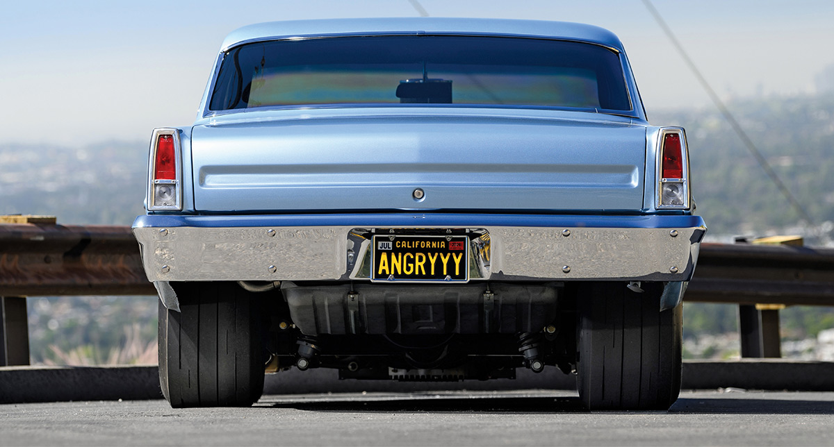 Rear view of the Nova showing the "ANGRYYY" California license plate.
