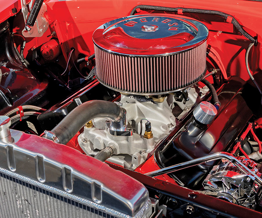Close-up of big-block engine with Moroso air cleaner.